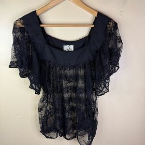Vintage Womens‎ Black Lace Size 14 See Through Flowy Witchy Whimsigoth Blouse